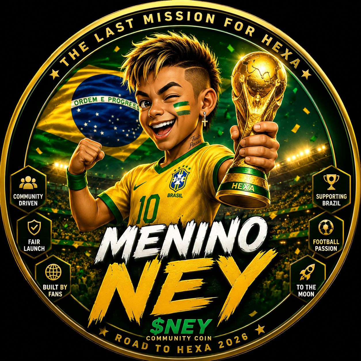 Official MENINO NEY emblem representing the Road To Hexa movement